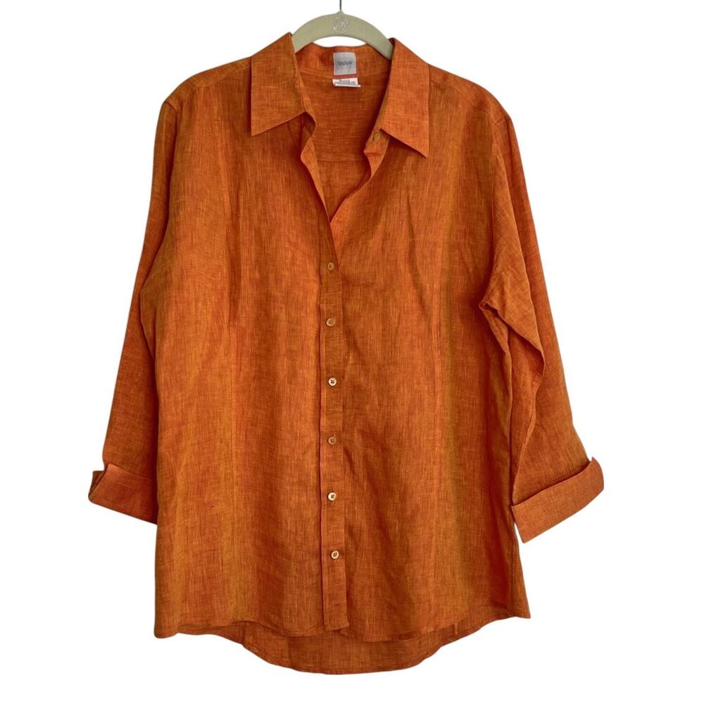 Craig Taylor Womens Linen Shirt XL Orange Bonfire Button Front 3/4 Sleeve